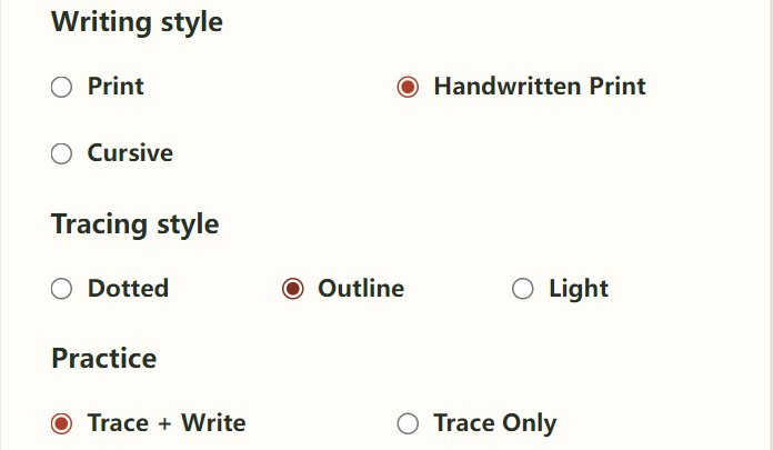 Handwritten Print, Outline, and Trace + Write selected in the worksheet generator